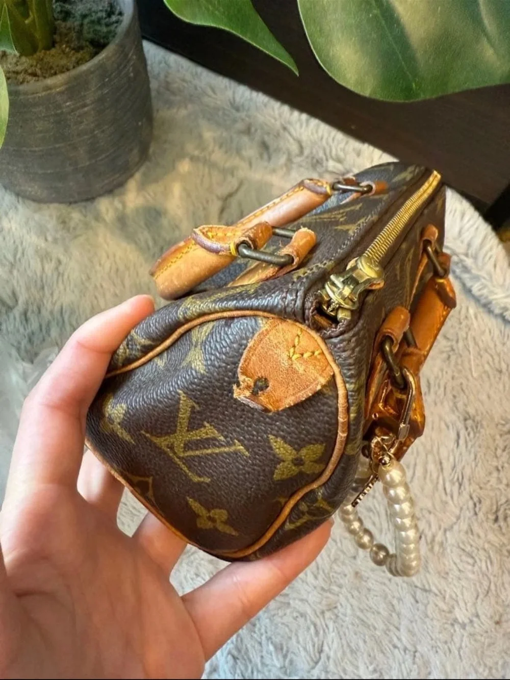 Louis Vuitton Brown Monogram Mini Top-Handle Bag with Pearl Charm